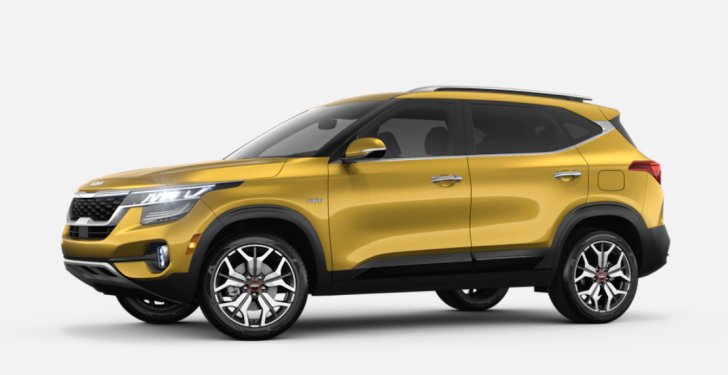 Yellow-painted Kia Seltos is an outstanding small SUV with all-wheel-drive.